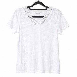 Talbots Womens S T-Shirt White Crochet Lace V-Neck Slub Cotton Short Sleeve Tee